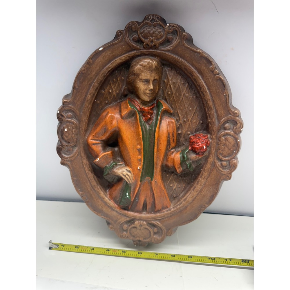 Vintage 3D Relief Wall Plaque Gentleman with Rose Ornate Oval Frame 15.5 Inch